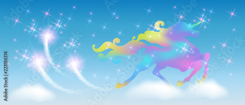Unicorn in the blue sky with winding mane against the background of the iridescent universe with sparkling stars and firework