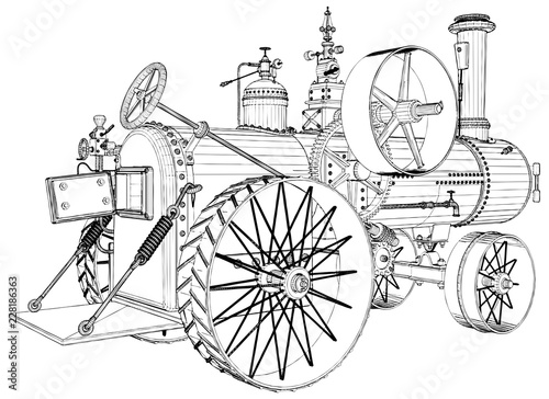 Old Retro Steam Tractor Engine Isolated Illustration On White Background Vector 01