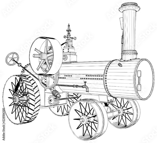 Old Retro Steam Tractor Engine Isolated Illustration On White Background Vector 01