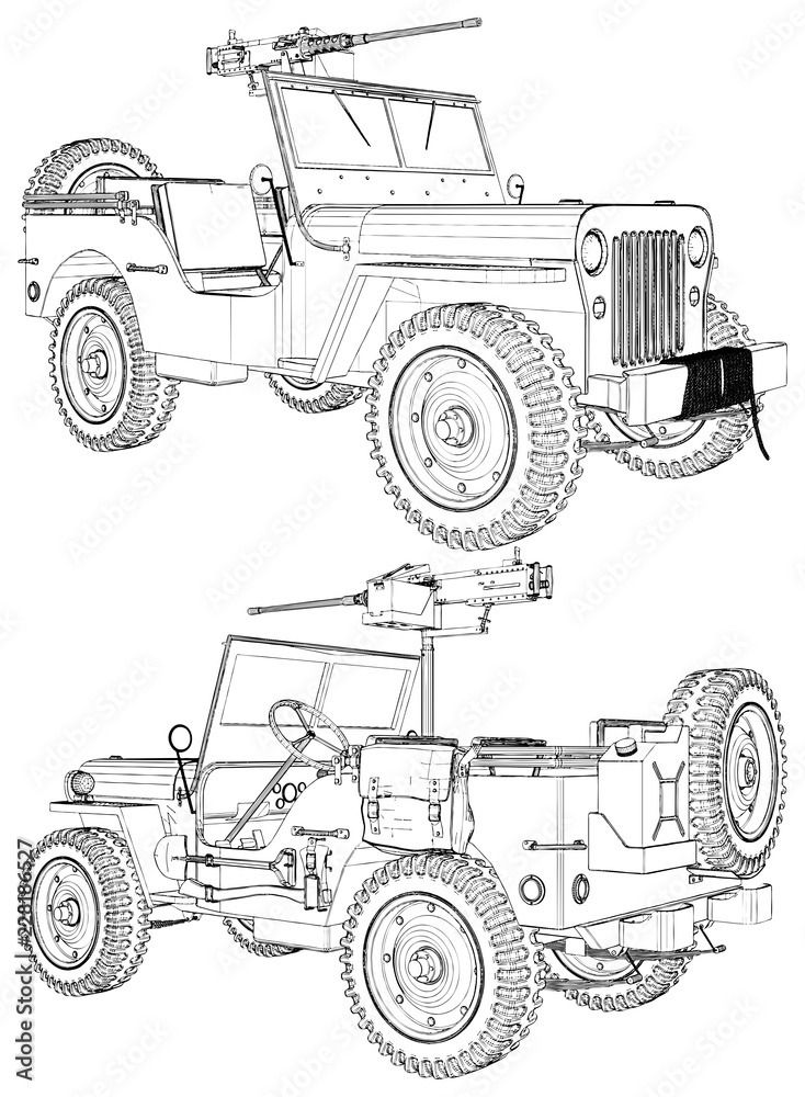 Vintage Retro Military Car With Machine Gun Isolated On The White Background Vector 01 