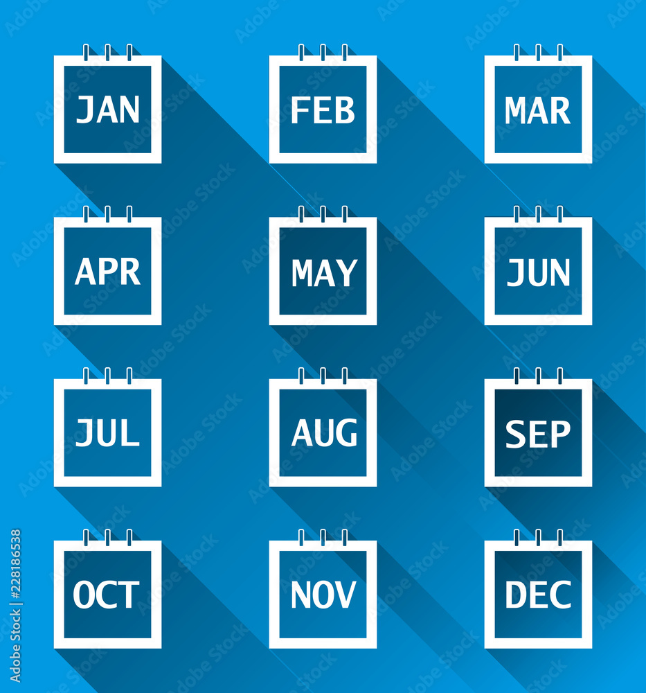 Calendar month set icon on blue background. Flat image calendar with long shadow. Layers grouped for easy editing illustration. For your design Calendar month set icon on blue background. Flat image calendar with long shadow. Layers grouped for easy editing illustration. For your design