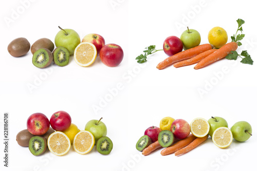 Fruits in a composition on a white background. Lemon with apples and kiwi on white background. Fruits with carrots on a white background.