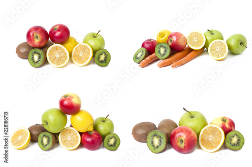 Fruits in a composition on a white background. Lemon with apples and kiwi on white background. Fruits with carrots on a white background. © liubovi samoilova