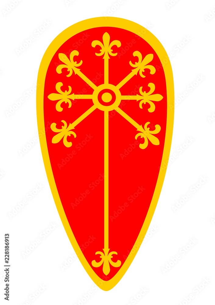 Vector illustration of a Red Medieval Kite Shield decorated with golden