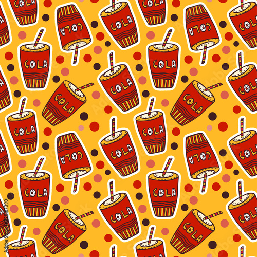 Cola seamless pattern. Bright Drink print. Cartoon Birthday background.