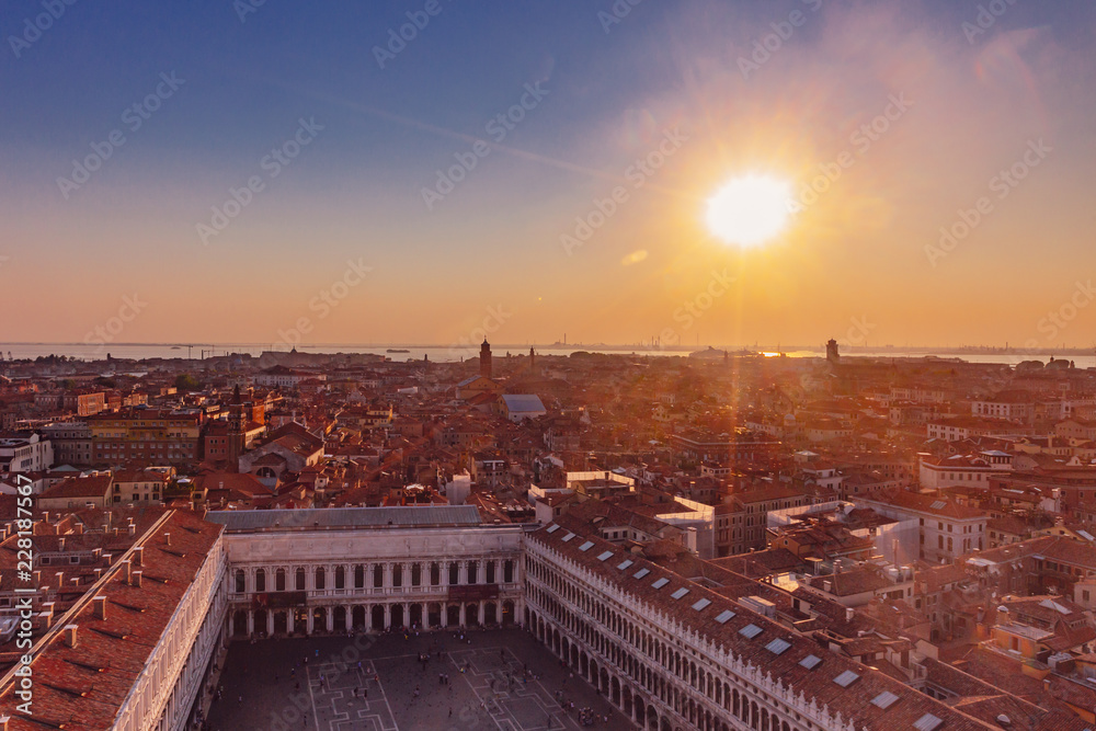 Panoramic view of the city and St. Mark's Square at sunset in Venice, Italy
