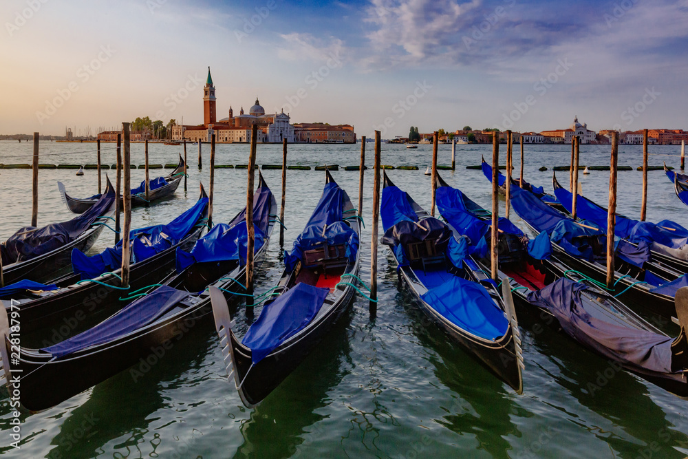 Gondolas by St. Mark's Square and San Giorgio Maggiore in Venice, Italy