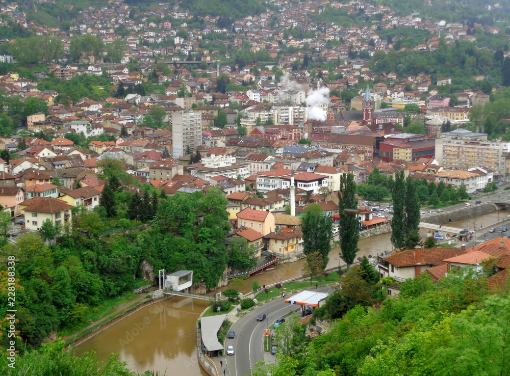 Miljacka River and the Cityscape  of Sarajevo as seen from the Yellow Fortress, Sarajevo, Bosnia and Herzegovina 