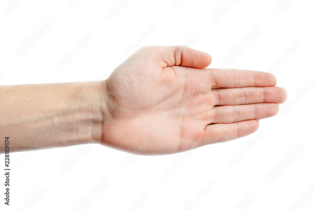 An outstretched hand with folded fingers. Gesture on a white background. The gesture shows the direction of movement. Open hand isolated. An outstretched hand with folded fingers. Gesture on a white background. The gesture shows the direction of movement. Open hand isolated.