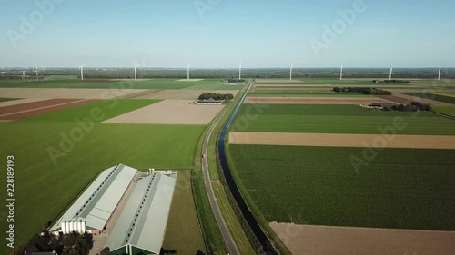 Aerial of wind turbines in Dutch polder landscape