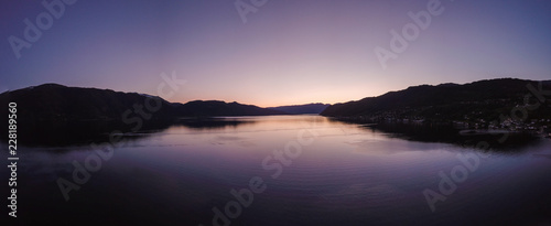 Aerial Drone Panorama of Sunset Reflection on Lake in Norway Scandinavia