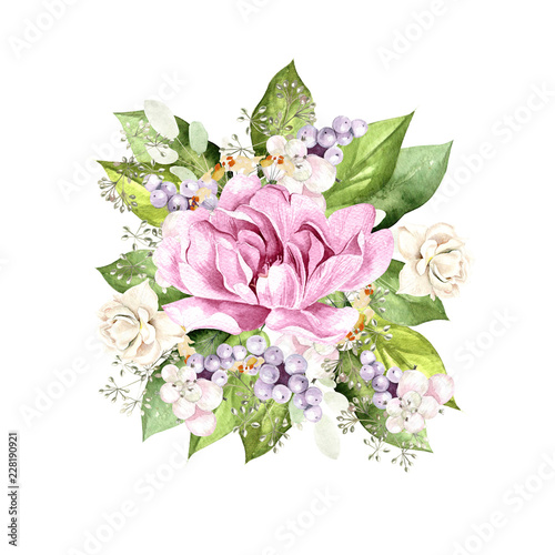 Watercolor bouquet with peony flowers, plants and leaves.