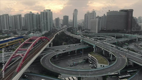 Aerial view over the massive cross highway and subway bridge of XuJiaHui district in Shanghai. photo
