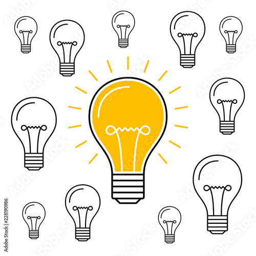 One lit bulb among unlit bulbs , New idea business illustration vector