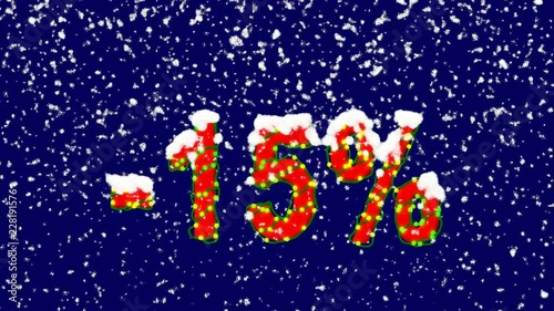 New Year text sale label -15%. Snow falls. Christmas mood, looped video. Alpha channel Premultiplied - Matted with deep blue RGB(04:00:5B) photo