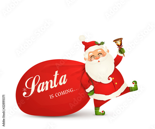Santa Claus is coming. Santa Claus with huge, red, heavy bag with presents, gift boxes, jingle bell isolated. Happy Santa Claus cartoon character for winter, new year holidays, christmas posters.