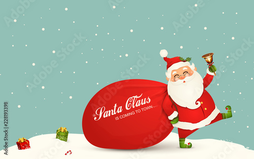 Santa Claus is coming. Funny Santa Claus with huge, red, heavy bag with presents, gift boxes, jingle bell isolated. Happy Santa Claus cartoon character in Christmas snow scene. Winter landscape.