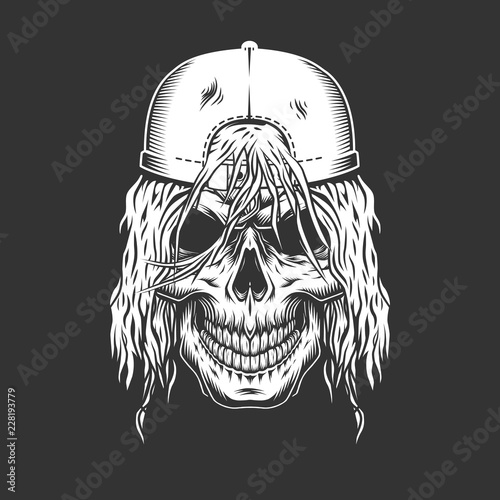 Vintage monochrome skateboarder skull