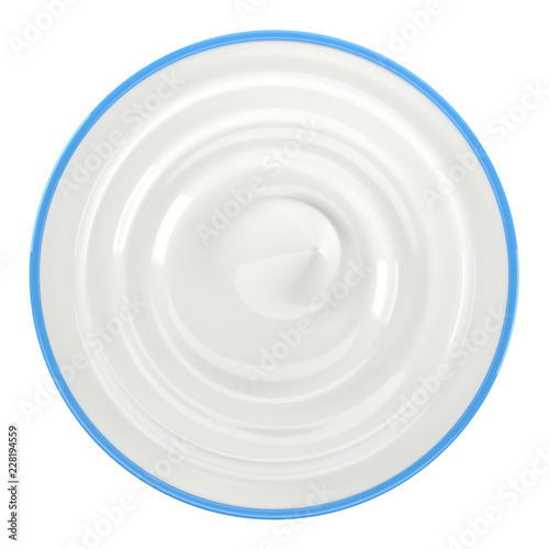 Blue bowl of sour cream, yogurt, mayonnaise. Top view. Isolated on white background. 3D illustration
