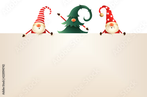 Christmas greeting card template. Three Christmas Gnomes with signboard on transparent background