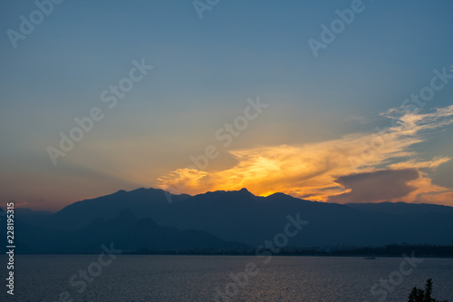 beautiful sunset above sea and taurus mountains in Antalya  Turkey