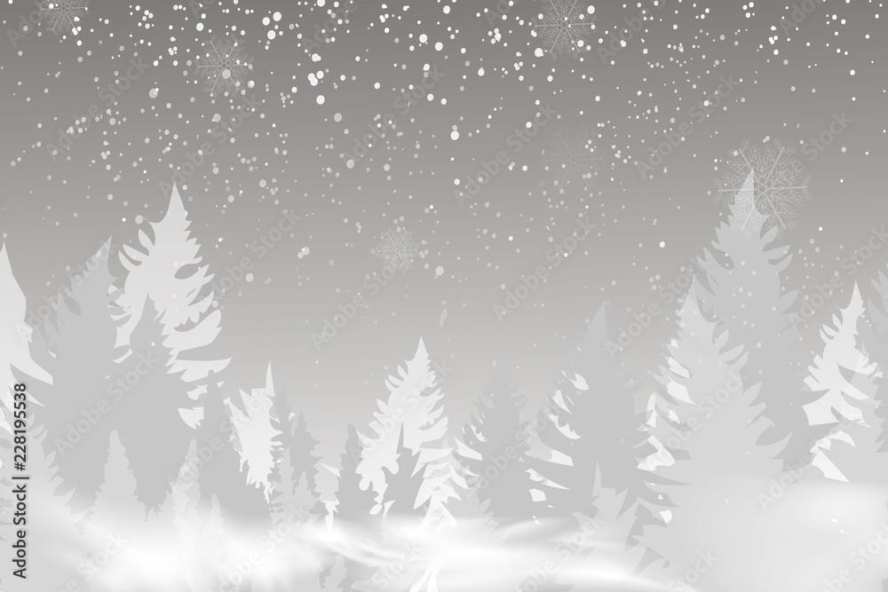Winter landscape background with falling snow, spruce forest silhouette.