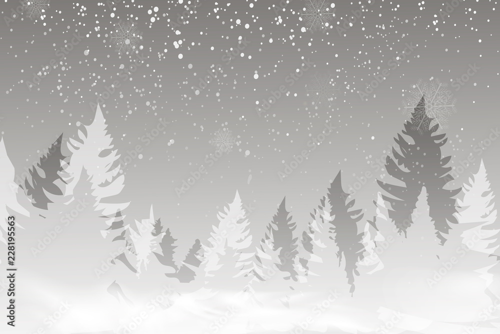 Obraz premium Winter landscape background with falling snow, spruce forest silhouette.