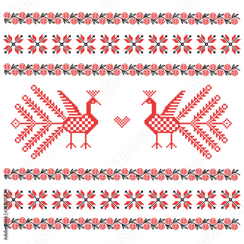 Red and black vector folk embroidery ornament on white background