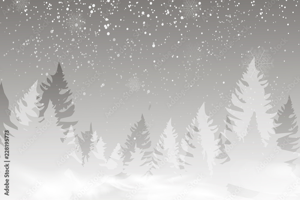 Winter landscape background with falling snow, spruce forest silhouette.