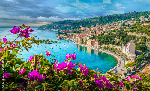 French Riviera coast with medieval town Villefranche sur Mer, Nice region, France photo