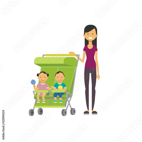 mother baby sister brother twins double green stroller full length avatar on white background, successful family concept, flat cartoon vector illustration
