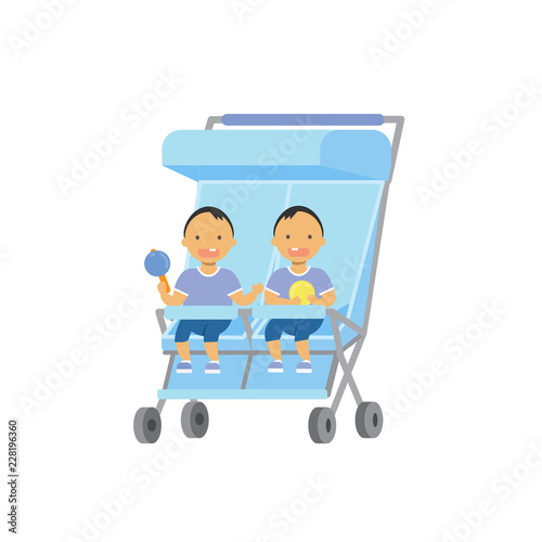 baby with toys twins double blue stroller full length avatar on white background, successful family concept, flat cartoon vector illustration