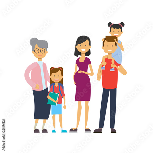 grandparents parents grandchildren, multi generation family, full length avatar on white background, happy family together concept, tree of genus flat cartoon vector illustration