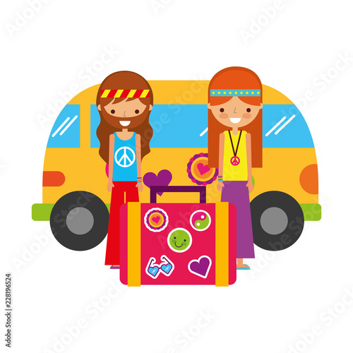 hippie couple with suitcase van car vintage