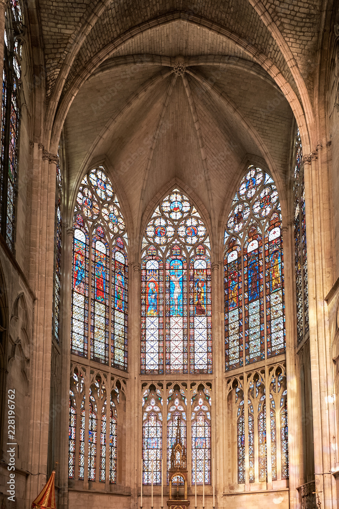 Stained glass interior windows under the vault of Saint-Urbain basilica, Troyes