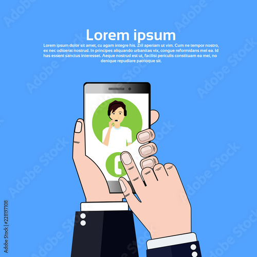 phone application hand hold gudget call center headset agent man bubble client support online operator, customer and technical service icon, chat concept, copy space flat design vector illustration