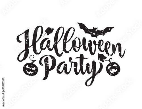 Halloween Party poster. Hand drawn lettering  with scratches on white background