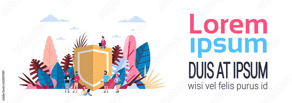 data storage concept over shield background business people working together hand hold diversity gadgets , copy space banner flat vector illustration