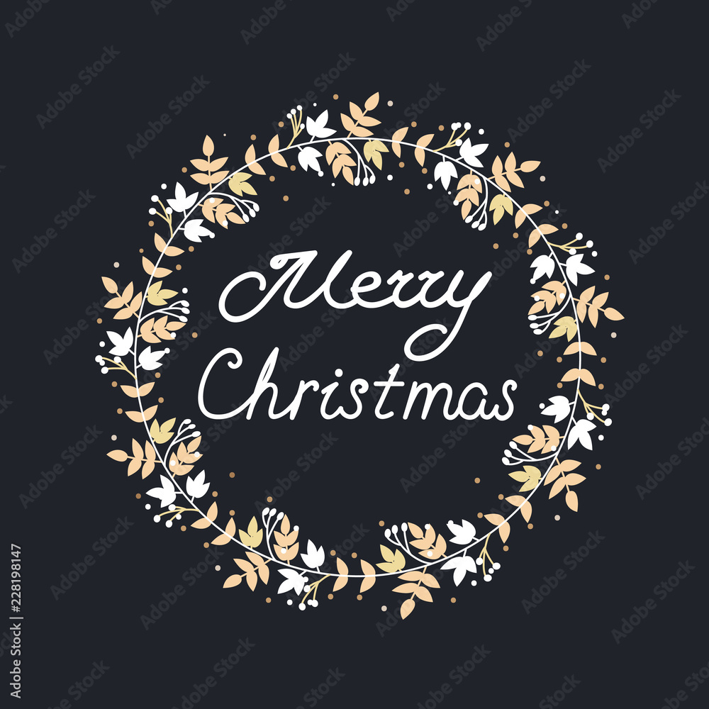 Merry Christmas Wreath with leaves and floral patterns. Vector illustration