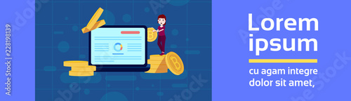 girl character application bitcoin mining template for design work and animation cryptocurrency on blue background full length flat copy space banner vector illustration