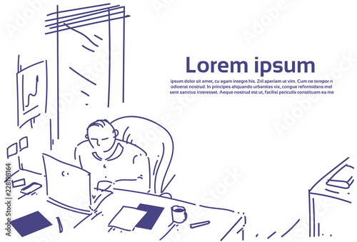 businessman sit at office desk hard working process concept, business man sketch white background copy space vector illustration