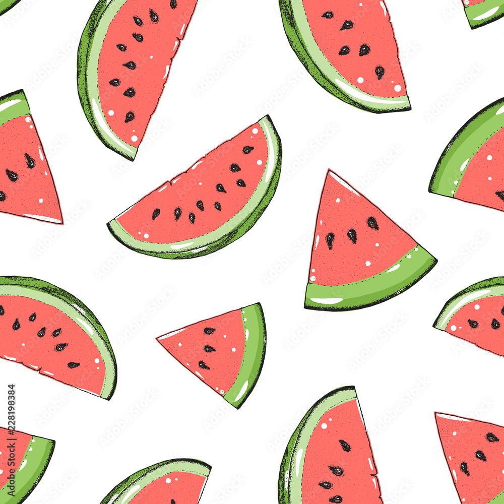 Watermelon seamless pattern. Hand drawn watermelon slice. Vector illustration. Vintage illustration. Watermelon seamless pattern. Hand drawn watermelon slice. Vector illustration. Vintage illustration.