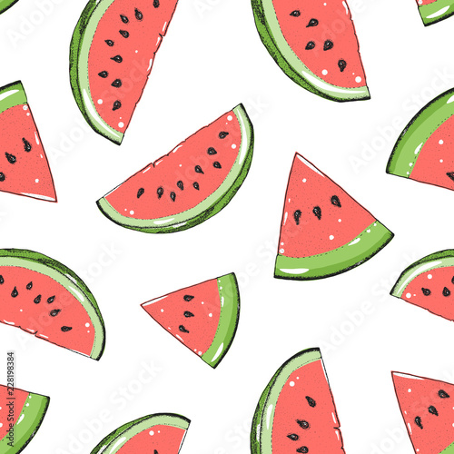 Watermelon seamless pattern. Hand drawn watermelon slice. Vector illustration. Vintage illustration.