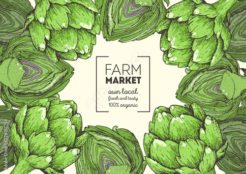 Artichoke hand drawn illustration. Organic food design template. Colored vector illustration. Healthy food frame. Farm market concept. Artichoke vegetable.