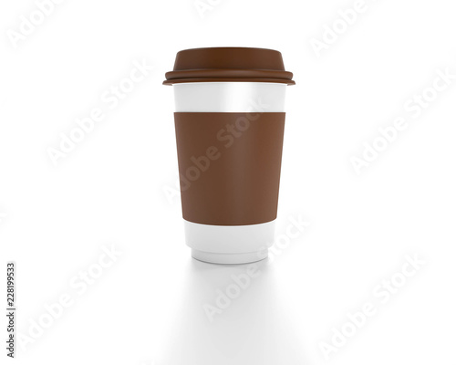 White disposable paper cup with brown plastic lid mock up on white background, 3d rendering. Empty polystyrene coffee drinking mug mockup front view. Clear plain tea take away package