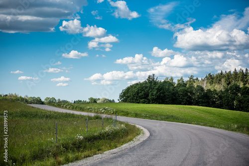 Rural landscape with green field, road and cumulus clouds in summer © janaland