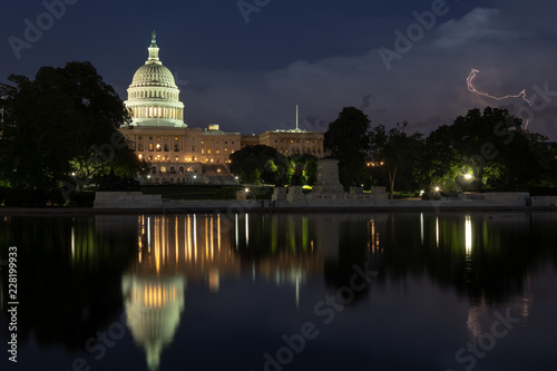United States Capitol Building at Night with Lightning