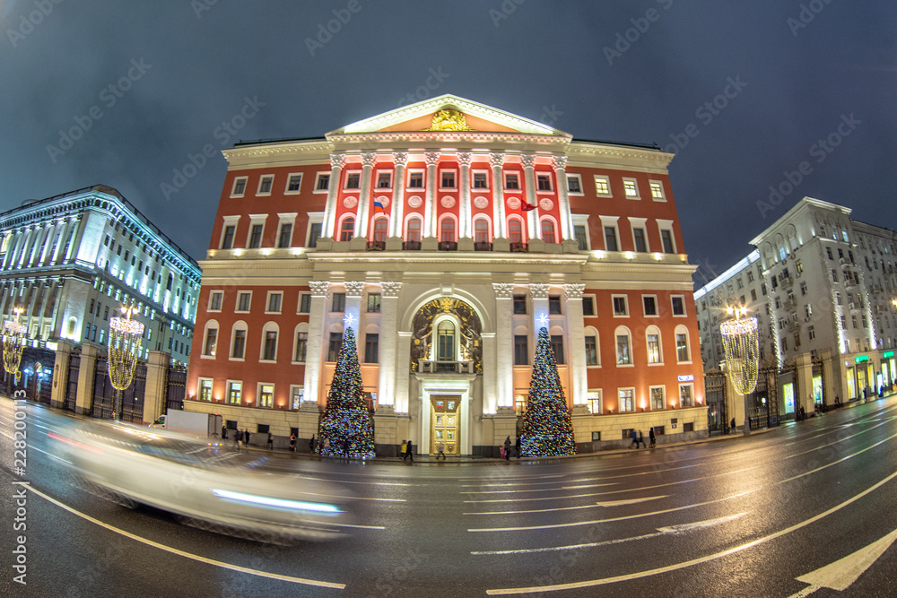 Fototapeta premium The building of the Moscow city hall on Tverskaya street on new year's day