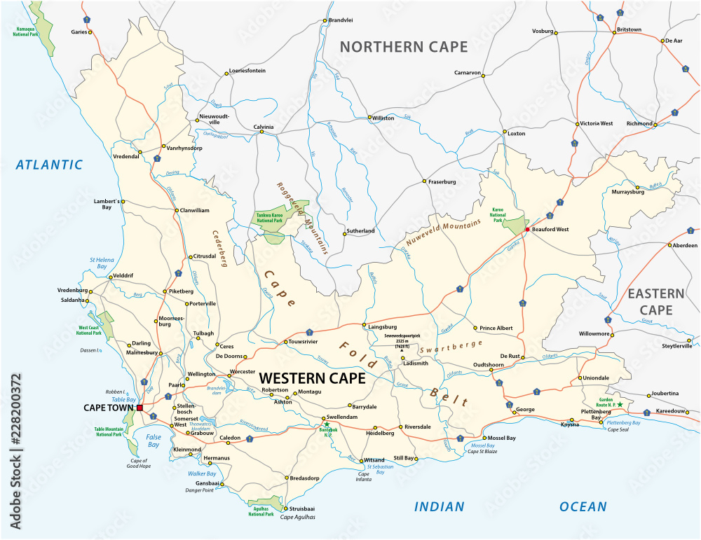 south africa western cape province road and national park vector map