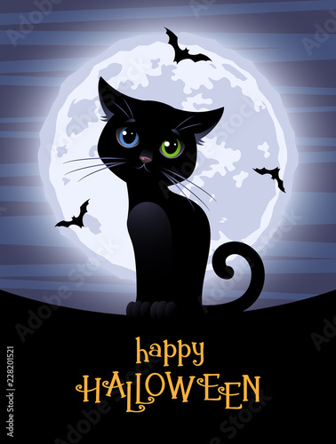 Happy Halloween. Cute black cat on the background of the full moon. Vector illustration.